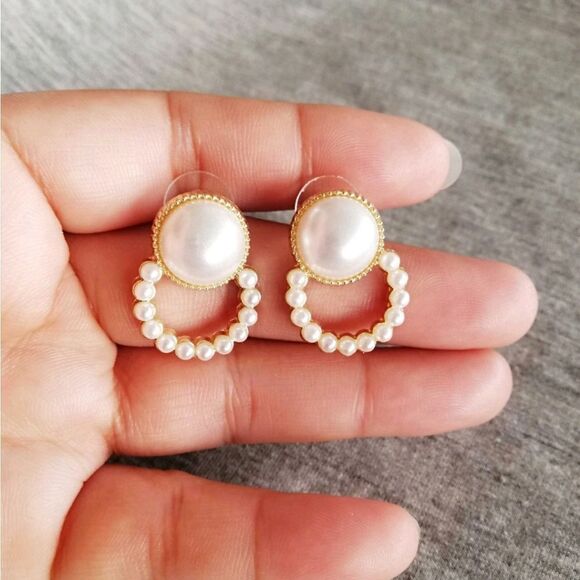 Gold white pearl earrings dainty casual or formal hoop stud small 💖2/$30 - Picture 6 of 14
